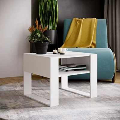 Afbeelding van MRBLS Salontafel, modern rustiek design, woonkamertafel, bijzettafel, koffietafel, theetafel van hout (mat wit), 65 x 45 53,6 cm (b h d)