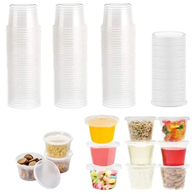 Afbeelding van Surflyee 50 stuks plastic bakjes met deksels, BPA vrije voedselcontainers van 100 ml potjes voor saus, lekvrij, kleine afhaalmaaltijden, dips, gelei