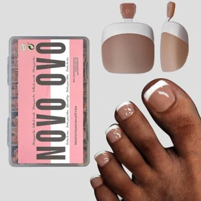 Afbeelding van NOVO OVO Nep teennageltips Press on, Franse tip zachte gel teennagelverlenging, bruin roze vierkante ronde vooraf aangebrachte primer en basislaag, volledige dekking matte valse nagels voor