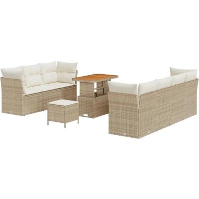 Afbeelding van vidaXL 10 delige Tuin Sofa Set met Kussens Beige Poly Rattan Acacia, 3 Eetset Acacia