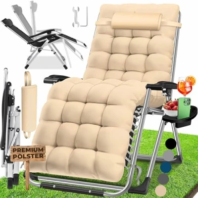 Afbeelding van KESSER® Zonneligstoel, ligstoel, inklapbaar met bekerhouder, tuinstoel kussen, extra groot, verstelbare rugleuning, tuinligstoel kussenondersteuning