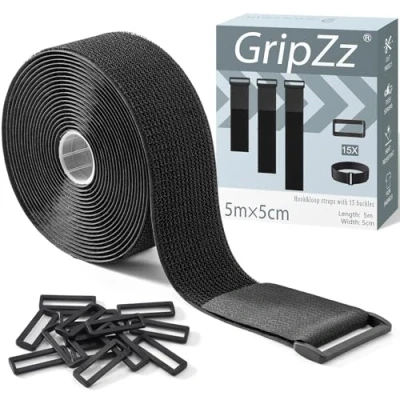 Afbeelding van GripZz Verstelbare Kabelriemen 5 cm x m met 15 Gespen, Robuuste Klittenbandsluiting, Verstelbaar, op Maat te Snijden, Herbruikbaar voor het Bevestigen van Kabels, Slangen, Buizen en Meer