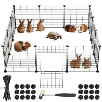 Afbeelding van BAKAJI Hek met deur voor kleine huisdieren, personaliseerbare metalen omheining cavia&#039;s, hamsters, konijnen, chinchilla&#039;s, binnen en buiten, 110 x 75 39 cm