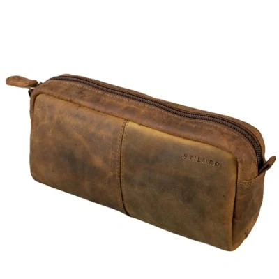 Afbeelding van STILORD &#039;Spencer&#039; lederen pennenbakje vintage met ritssluiting cosmetische tas organizer slordige roltasje echt leer, Kleur:middel bruin