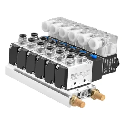 Afbeelding van Heschen Elektrisch pneumatisch magneetventiel 6 4V210 08, DC 12 V spoel, PT1/4 inch poort, 5 weg 2 posities, spruitstukbasis, geluiddemper, snelkoppelingsset