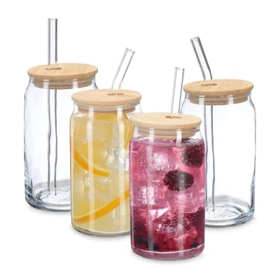 Afbeelding van Relaxdays drinkglazen met rietje set van 4 450 ml bamboe deksel