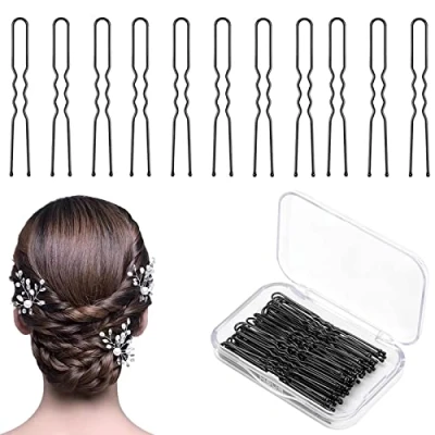 Afbeelding van 50 stuks U vormige haarspelden, 6 cm, haarklem voor vrouwen, meisjes en kapsalon, met opbergdoos, bobby spelden meisjes, haaraccessoires (zwart)