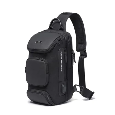 Afbeelding van OZUKO Casual Sling tas, borsttas voor heren, schoudertas, waterdicht, met USB oplader, fietsen, avontuur, reizen, sport (grijs), zwart., Eén maat, rugzakken