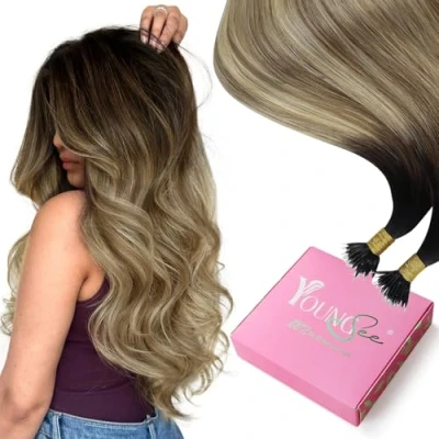 Afbeelding van YoungSee Nanoring haarextensies, van echt haar, balayage, 50 cm, bruin, blond, haarverlenging, nano kralen, g, #2/6/24