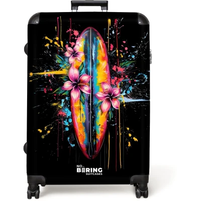 Afbeelding van NoBoringSuitcases.com® Koffer groot Reiskoffer lichtgewicht Kleurrijk surfbord met bloemen Rolkoffer 4 wielen Grote trolley XL 98 liter bagage