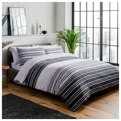 Afbeelding van Sleepdown Dekbedovertrekset, zwart/grijs, getextureerde streep, omkeerbaar dekbedovertrek, onderhoudsvriendelijk beddengoed, zacht, gezellig beddengoedsets met kussenslopen, tweepersoons (200 cm x 200
