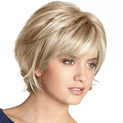 Afbeelding van Korte Platinablonde Pruiken Voor Dames Blond Gemengd Bruin Natuurlijk Golvend Pruik Met Pony Pluizig Synthetisch Echt Haar