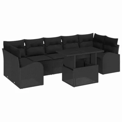 Afbeelding van vidaXL 8 delige Tuin Sofa Set met Kussens Zwart Poly Rattan, 2 zits Opslag &amp; Rattan