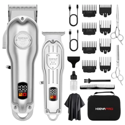 Afbeelding van HIENA PRO Professionele tondeuse set voor mannen, draadloze kapper set, haarsnijmachine kit, oplaadbare kappers met LED display (zilver)