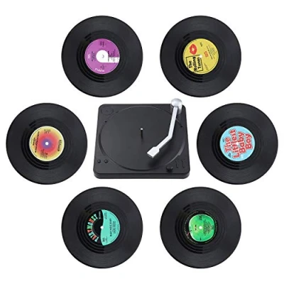 Afbeelding van Coolt Y 6 stuks Retro CD Record Vinyl Onderzetters, Antislip Drankonderzetters, Geïsoleerde Thee Koffiekopmat met houder