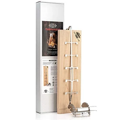 Afbeelding van Axtschlag Premium zalmplank van kersenhout, extra sterk, 10 voudig verstelbare houder roestvrij staal voor vuurschaal, vuurton, vuurmand, rookoven, barbecue, horeca