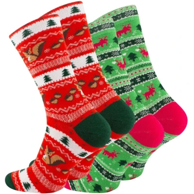 Afbeelding van Kerstsokken Set 2 paar Sokken met Rendieren, Eekhoorns &amp; Kerstbomen Maat 36 40 Dames Winter Groen Rood