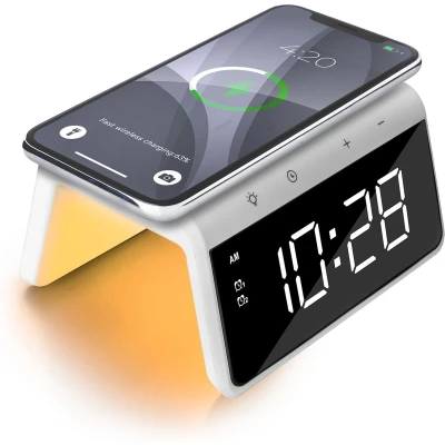 Afbeelding van Caliber Digitale Wekker met Draadloze Oplader Wake Up Light Klok Dimbaar Twee Alarmen geschikt als kinderwekker Nachtlamp Kleur Wit (HCG019QI WA)