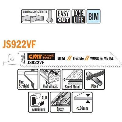 Afbeelding van CMT JS922VF 5 Bi metaal reciprozaagblad 150 x 0,9 mm. 10 14tpi (hout met spijkers, plaatstaal, buizen, aluminium, glasvezel/epoxy)