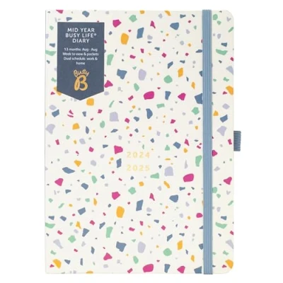 Afbeelding van Busy B Halverwege het jaar drukke levensdagboek augustus 2024 2025. Terrazzo Academisch dagboek 2025, zakformaat weekplanner met penhouder, elastische sluiting en opbergvakken.