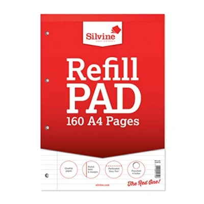 Afbeelding van Silvine 160 pagina A4 navulpad, hoofd gebonden en geslagen 4 gaten. 8mm Feint met marge. Ref A4RPFM, wit