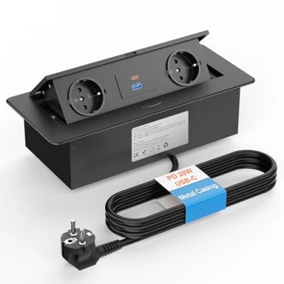 Afbeelding van intrekbare stekkerdoos met USB C, Ohuo 3 stopcontacten, meervoudige stopcontact, kabel, 1,8 m, aluminium, zwart