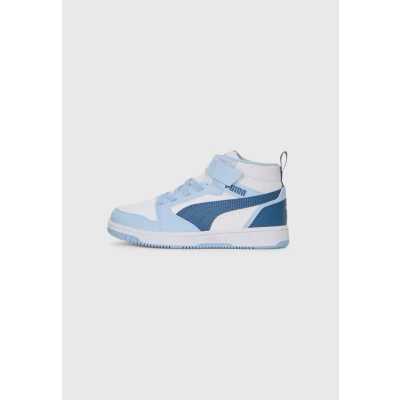 Afbeelding van Puma Unisex Rebound V6 Mid Ac+ Ps Sneaker voor kinderen, Wit Donker Indigo Haute Tropic, 32 EU