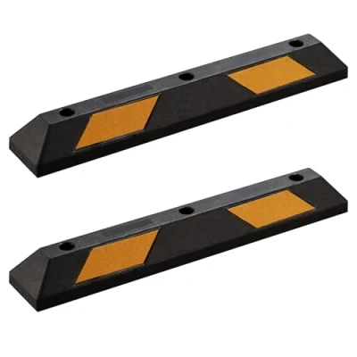 Afbeelding van Wiltec wielstopper 90 x 15 10 cm, 2x rubberen parkeerhulp, varkensruggen met gele reflecterende strips &amp; schroefgroeven, parkeerplaatsafzetting voor garage en parkeerplaatsen
