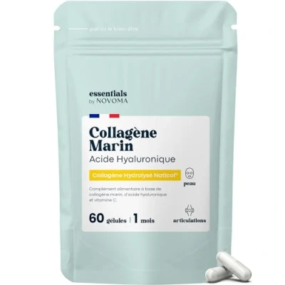 Afbeelding van Zeecollageen + hyaluronzuur, hydraterende huid en sterke gewrichten, kuur van 1 maand, 60 capsules, gehydrolyseerd type Naticol® vitamine C, gemaakt in Frankrijk, Essentials by Novoma