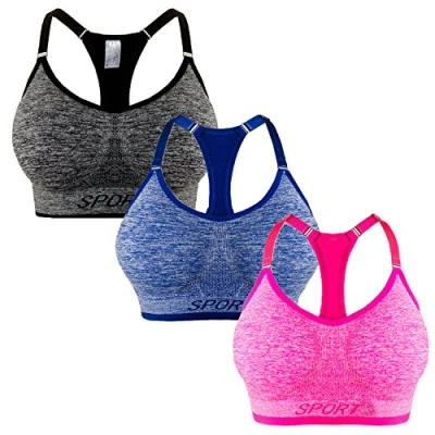 Afbeelding van Libella 3 stuks sportbeha, bustier, comfortabele beha, ritssluiting, gevoerde push up, steunfunctie, verstelbare bandjes, zonder beugel, yoga, fitness, pack grijs + blauw roze, L XL
