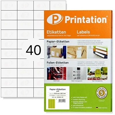 Afbeelding van Printation universele etiketten 52,5 x 29,7 mm zelfklevend wit bedrukbaar voor markeringen 1000 stickers op 25 A4 vel 40 per 4x10 4461 LA111 3651 FBA
