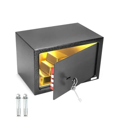 Afbeelding van QWORK® Kluis 31 x 20 cm met driebaardsleutel, meubelkluis, hoogbeveiligde stalen constructie voor waardevolle spullen