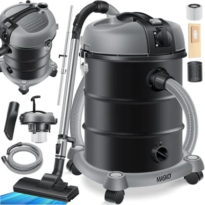 Afbeelding van Masko® industriële stofzuiger, nat en droog, roestvrij staal, 2300 W + stopcontact, blaasfunctie, droog zuigen natzuigen, push&amp;clean, stofzuiger met zonder zak, zakloos