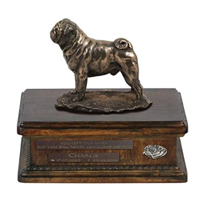Afbeelding van Art Dog Custom Sitting Statue Memorial Urn Handgemaakt koud gegoten brons op berkenhouten voet 8,3x11,4x8,7 5l Mopshond