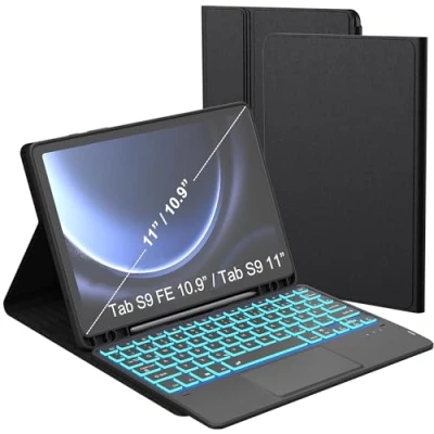 Afbeelding van toetsenbord hoes voor Samsung Galaxy Tab S9 FE / 7 kleuren verlichting touchpad tablet cover met penhouder verlichte Duitse QWERTZ lay out 10,9&quot;/S9 11 inch zwart