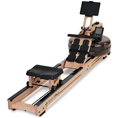 Afbeelding van SportPlus Waterroeitoestel voor thuis, van natuurlijk massief hout (eiken), houten roeitoestel met trainingscomputer (app compatibel), hoge kwaliteit en tijdloos design, tablethouder
