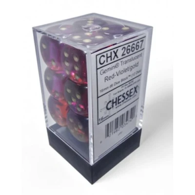 Afbeelding van Dobbelstenen D6 (16mm) Translucent Gemini Rood Violet/Goud (12x)
