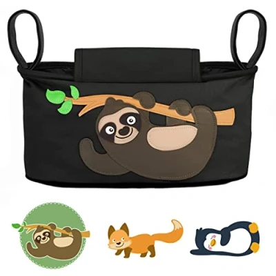Afbeelding van GLÜCKSWOLKE Kinderwagen Organizer 12 Motieven I Kinder Buggy Tasche Kinderwagentas met Disposer van vochtige doekjes Tas Opbergtas voor Baby Stroller Pram Motief Luiaard (Zwart)