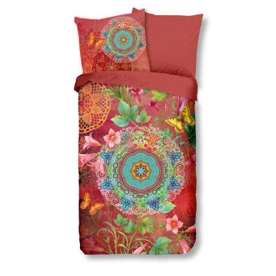 Afbeelding van Satijnen Dekbedovertrek 155x220 cm Mandala en Bloemen Print Rood/Multicolor 1 Persoons 100% Katoen Satijn