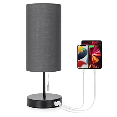 Afbeelding van Aigostar 13AS3 Bureaulamp 2 USB Oplaadpoorten Tafellamp Nachtlampje Met lampenkap E27 fitting Grijs