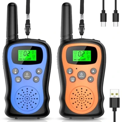 Afbeelding van Pakinui Walkie Talkie voor kinderen, 2 stuks, oplaadbaar met 1000 mAh batterij, groot bereik van 3 km, Woki Toki meisjes, VOX zaklamp, outdoor, kamperen, wandelen