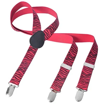 Afbeelding van Lange bretels voor dames en heren, Y vorm, 3 delige clips, elastisch, smal, effen kleurrijk, met verschillende motieven, roze zebra, Eén maat