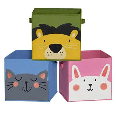 Afbeelding van opbergdozen, set van 3, vouwdozen, stoffen dozen met elk 2 handgrepen, 30 x cm, voor kinderkamers, speelkamers, dierenmotieven, blauw groen roze