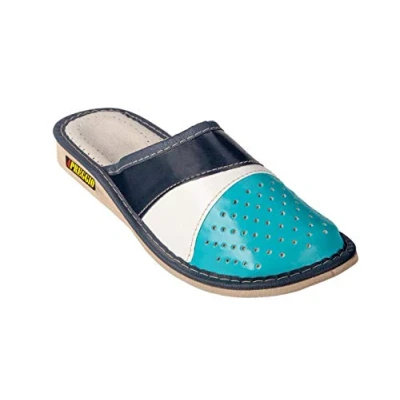 Afbeelding van APREGGIO Leren pantoffels voor dames, comfortabele rubberen zool, handgemaakte damespantoffels, lederen pantoffels, blauw, 38 EU