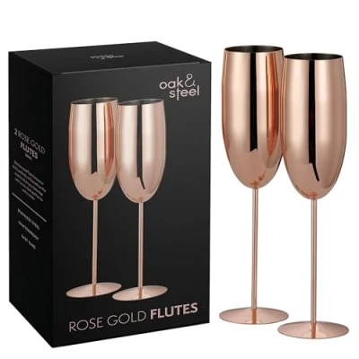 Afbeelding van Oak &amp; Steel 2 Roestvrijstalen Champagneglazen met Geschenkdoos Premium RVS (Rose Goud/Koper, 280ml) Elegant, Stevig en Onbreekbaar Cadeau voor Verjaardagen, Bruiloften Kerstmis