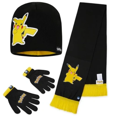 Afbeelding van Pokémon Wintermuts en handschoenen voor kinderen, 2 delige winterset, muts handschoenen, cadeaus zwart/geel, 3 stuks, Talla única