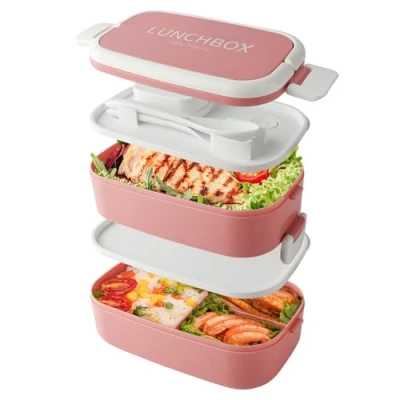 Afbeelding van Bento Lunchbox stapelbaar, 1500 ml containers met 4 compartimenten en bestek, lekvrije 2 laagse dozen, voor volwassenen kinderen, kantoor, magnetron vaatwasmachinebestendig (roze)