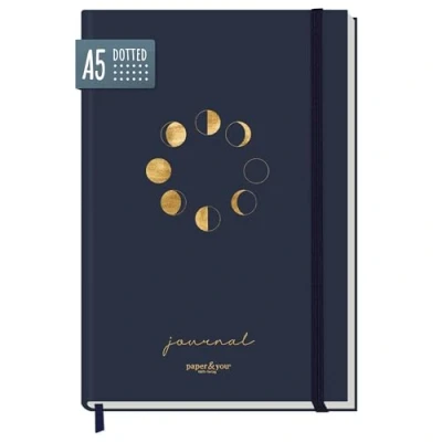 Afbeelding van paper&amp;you® Bullet Journal gestippeld A5 met elastiek [Maan] 156 pagina&#039;s notitieboek, agenda duurzaam &amp; klimaatvriendelijk