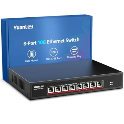 Afbeelding van YuanLey 8 Poorts 10G Ethernet Switch, x 10Gbps RJ45 Poorten, Ondersteuning voor 10G/5G/2.5G/1G/100M Speed Auto Negotiation, 160Gbps Schakelcapaciteit, Unmanaged Switch Rackmountable, Gebruiksklaar
