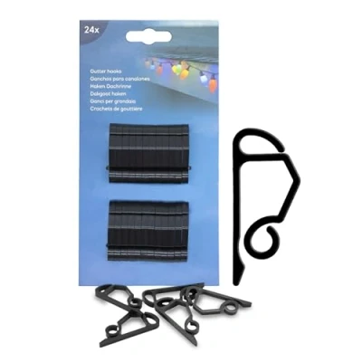 Afbeelding van Dakgoothaken, zwart, voor lichtsnoeren, 24 stuks, dakgoothouder decoratieve verlichting, haken bevestiging van lichtnet, lichtslang aan de dakgoot, set stuks